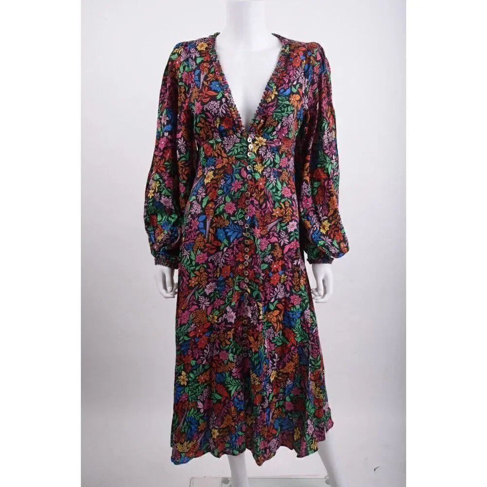 Farm Rio Women Midi Dress Tropical Garden S Multicolor Floral Balloon sleeve NWT